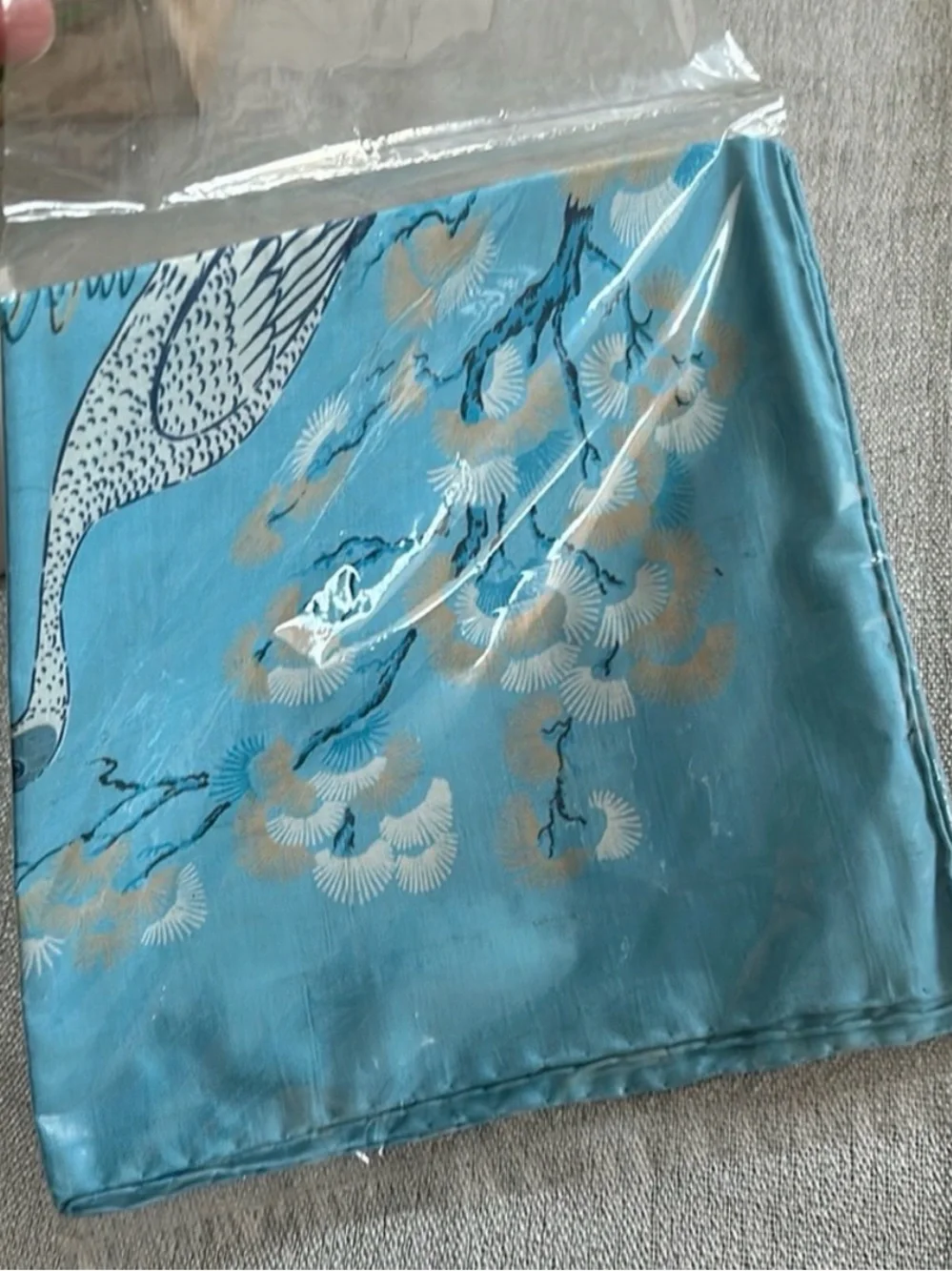 Blue Silk Scarf with Crane and Floral Motif